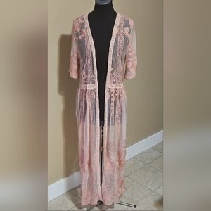 Ijoah Embroidered Sheer Boho Lace Kimono Duster Cardigan L In Pink